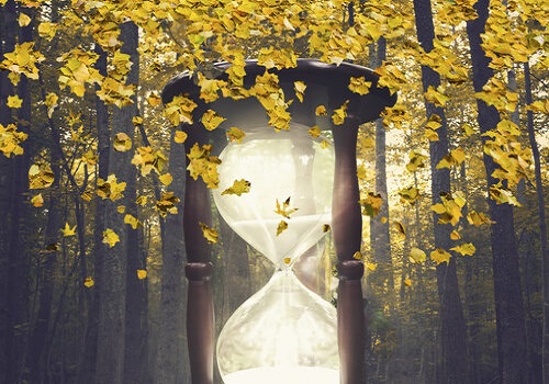A woman finds a huge hourglass in the forest.
